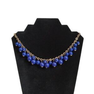 Blue & Gold Toned Round Bauble Dangle Beaded Single Strand Statement Necklace